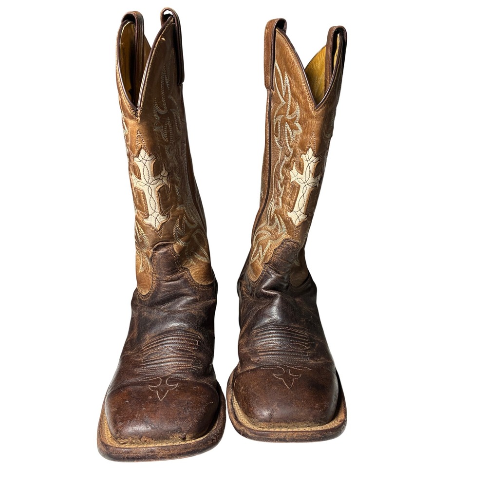 Tony Lama Brown Leather Cowboy Boots Cross Inlay Square Toe Western 9 B